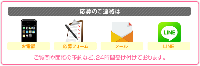 応募のご連絡は お電話 応募フォーム メール LINE ご質問や面接の予約など、24時間受け付けております。