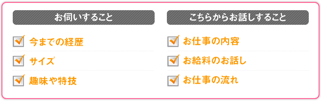 お伺いすること 今までの経歴 サイズ 趣味や特技 こちらからお話しすること お仕事の内容 お給料のお話し お仕事の流れ